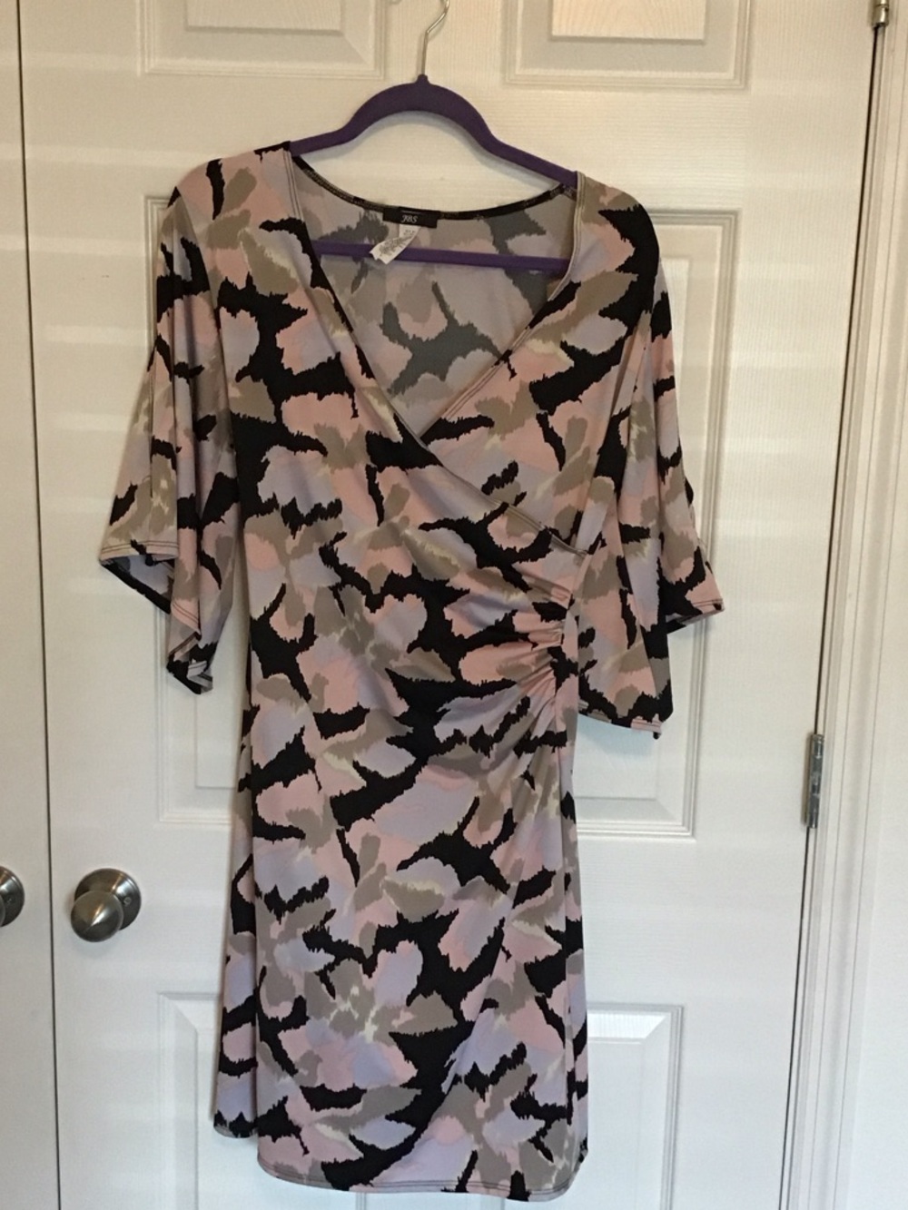 J.B.S. Pink, Black and Olive Abstract Wrap-Style Midi Dress